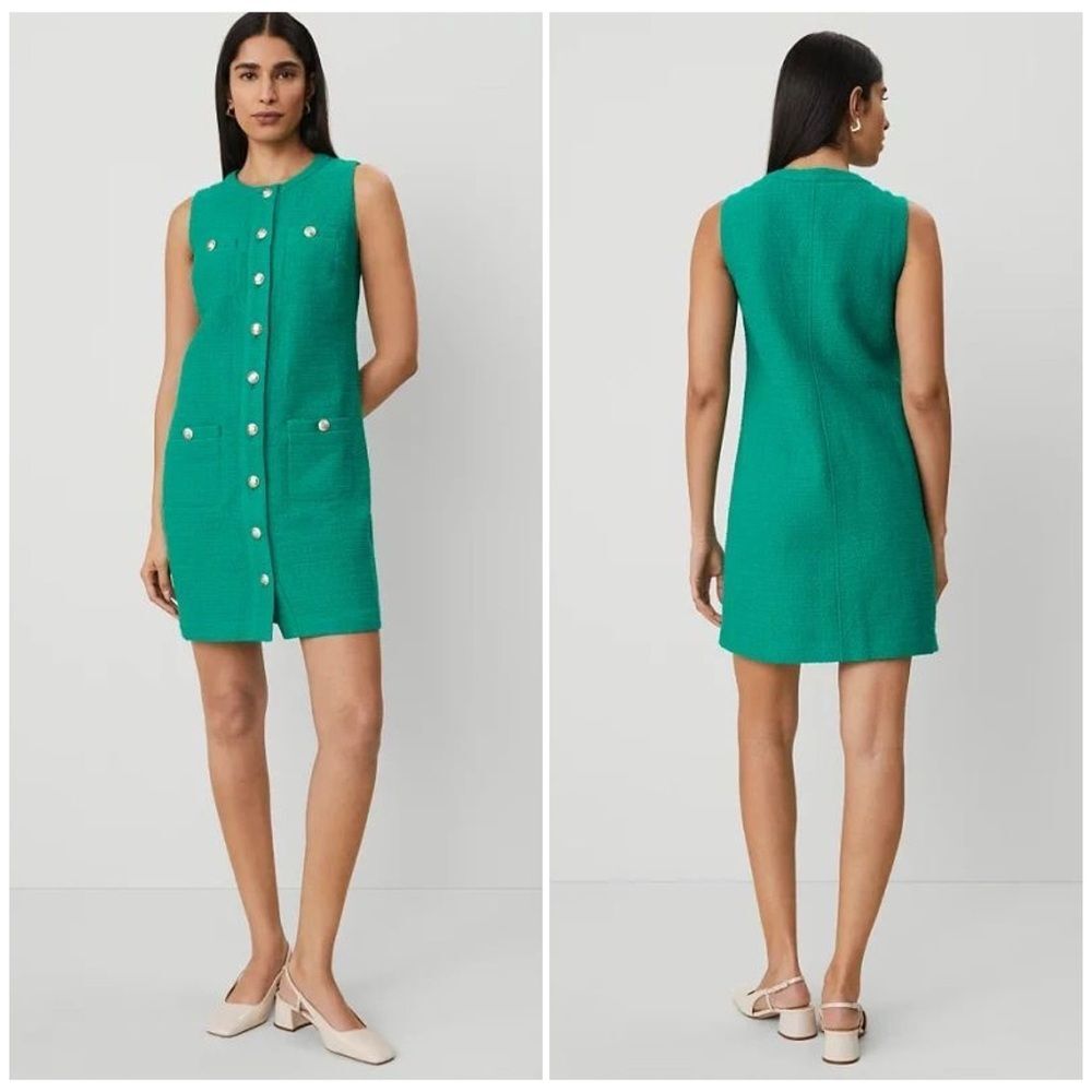Ann Taylor Green Tweed Mini Sheath Dress Sz 2 Petite Gold Buttons Sleeveless NEW